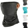 Lightweight cycling bandana, ice silk fabric, breathable half face mask. Heathered gray/blue, finely stitched edges, ergonomi