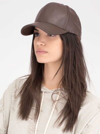 Close-up of brown faux leather cap. Textured fabric, precise stitching. Custom logo option shown, structured crown. - View 1