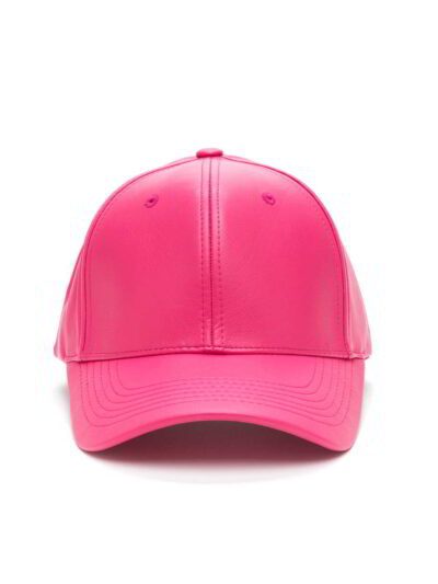 Close-up of brown faux leather cap. Textured fabric, precise stitching. Custom logo option shown, structured crown. - View 3