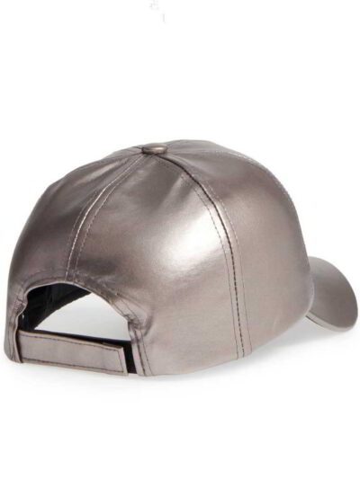 Chocolate brown faux leather baseball cap. Classic six-panel design with tonal stitching detail. Stylish ball cap with a subt