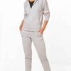 Heather gray gym tracksuit. Close-up shows textured, breathable fabric and reinforced stitching. Athletic cut for optimal mov