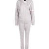 Heather gray gym tracksuit. Close-up shows textured, breathable fabric and reinforced stitching. Athletic cut for optimal mov