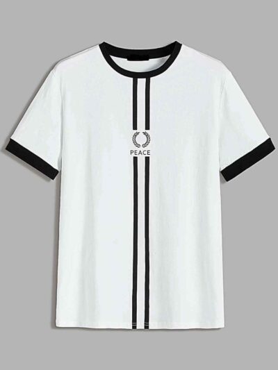 Striped ringer tee featuring custom letter graphic. Soft knit texture, durable stitched seams. Contrasting collar & cuffs add