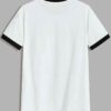 Striped ringer tee featuring custom letter graphic. Soft knit texture, durable stitched seams. Contrasting collar & cuffs add