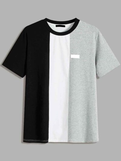 Men's color block t-shirt, custom patched detail. Soft cotton blend, durable stitching, short sleeves. Perfect for brand cust