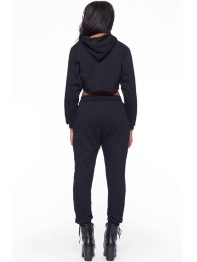 Girls' black crop top sweatsuit. Soft, cozy fleece. Ribbed cuffs, clean stitching. Perfect for active kids or lounging. Dark,