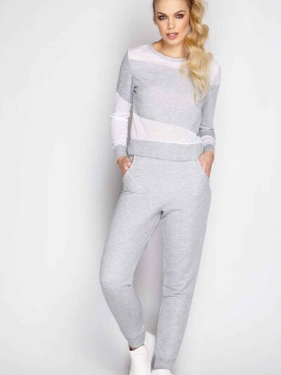 Grey mesh sweatsuit for women: textured athletic fabric, breathable weave, tailored fit. Custom wholesale options available.
