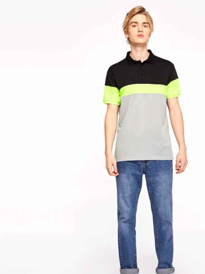 Close-up of a premium cotton polo shirt, textured fabric, clean stitching. Breathable men's wear, available in various colors