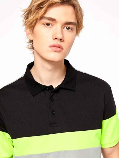 Close-up of a premium cotton polo shirt, textured fabric, clean stitching. Breathable men's wear, available in various colors