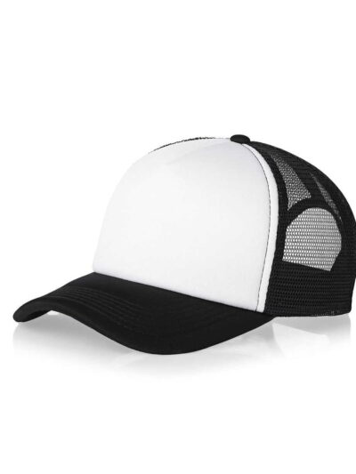 Close-up of lightweight mesh running hat. Breathable fabric, precise stitching, structured brim. Hints of blue/gray color var