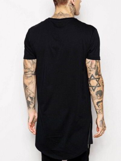 Black elongated tee. Soft, drapey fabric. Note the stylish side zipper detail and clean stitching. Minimalist, modern look. -