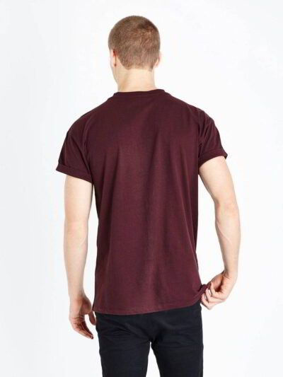 Burgundy t-shirt close-up. Fine custom embroidery detail on soft, textured cotton knit. High-quality short-sleeve top. - View