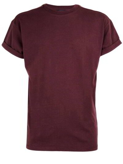 Burgundy t-shirt close-up. Fine custom embroidery detail on soft, textured cotton knit. High-quality short-sleeve top. - View