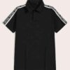 Close-up of a crisp polo shirt with a button placket. Fine stitching detail, subtle pique texture visible. Light-colored cust