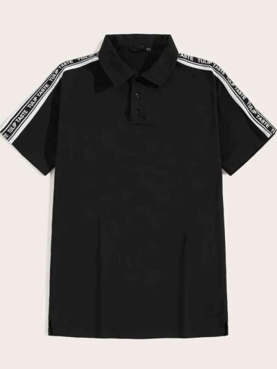 Close-up of a crisp polo shirt with a button placket. Fine stitching detail, subtle pique texture visible. Light-colored cust