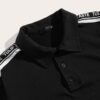 Close-up of a crisp polo shirt with a button placket. Fine stitching detail, subtle pique texture visible. Light-colored cust