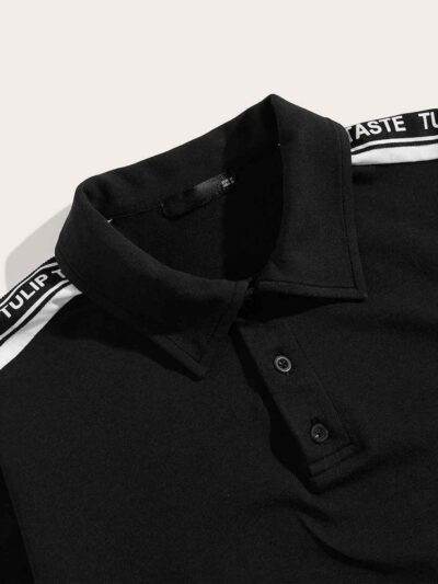 Close-up of a crisp polo shirt with a button placket. Fine stitching detail, subtle pique texture visible. Light-colored cust