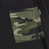 Men's camo t-shirt. Close up shows durable patch pockets, quality stitching. Soft, breathable feel implied by the fabric text