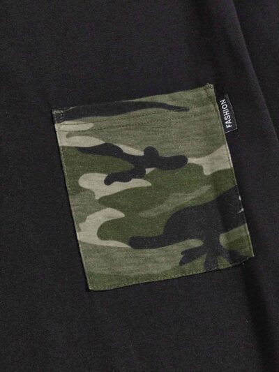 Men's camo t-shirt. Close up shows durable patch pockets, quality stitching. Soft, breathable feel implied by the fabric text