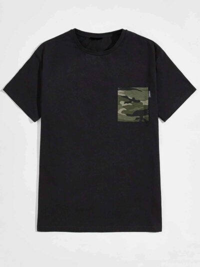 Men's camo t-shirt. Close up shows durable patch pockets, quality stitching. Soft, breathable feel implied by the fabric text