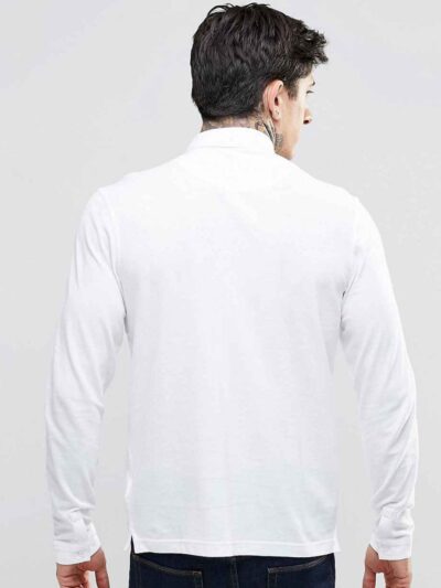 Close-up of a premium navy polo shirt. Notice the finely knit fabric, reinforced stitching, and clean, professional silhouett