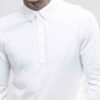 Close-up of a premium navy polo shirt. Notice the finely knit fabric, reinforced stitching, and clean, professional silhouett