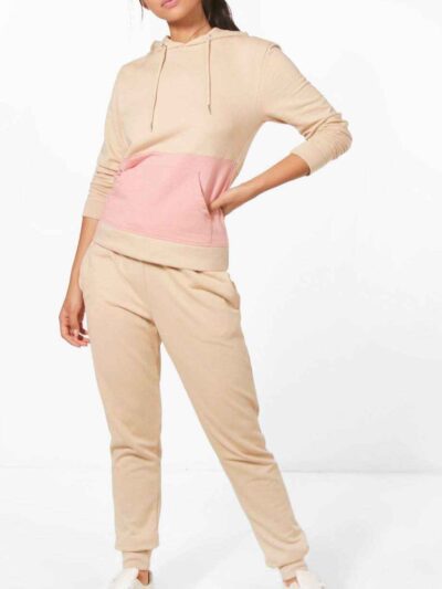 Women's hooded tracksuit, soft brushed fleece texture, custom stitching detail. Adjustable drawstring hood, relaxed fit. Note