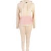 Women's hooded tracksuit, soft brushed fleece texture, custom stitching detail. Adjustable drawstring hood, relaxed fit. Note