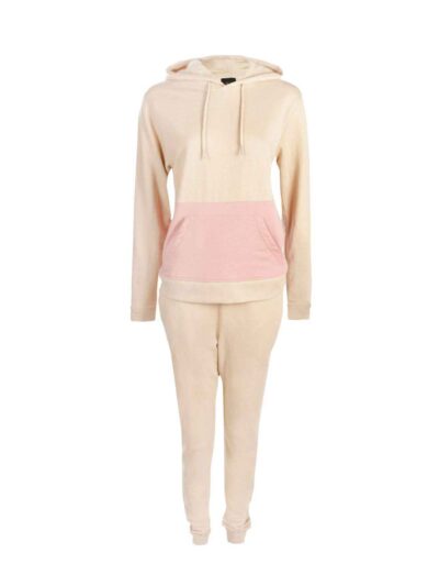 Women's hooded tracksuit, soft brushed fleece texture, custom stitching detail. Adjustable drawstring hood, relaxed fit. Note