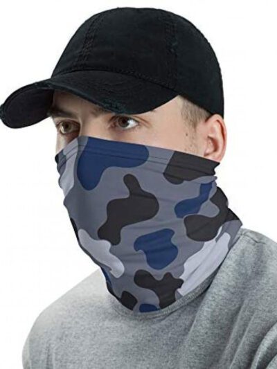 Camo neck gaiter face mask, jungle blue and black tones. Soft, breathable fabric with reinforced stitching. Versatile headwea