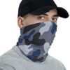 Camo neck gaiter face mask, jungle blue and black tones. Soft, breathable fabric with reinforced stitching. Versatile headwea