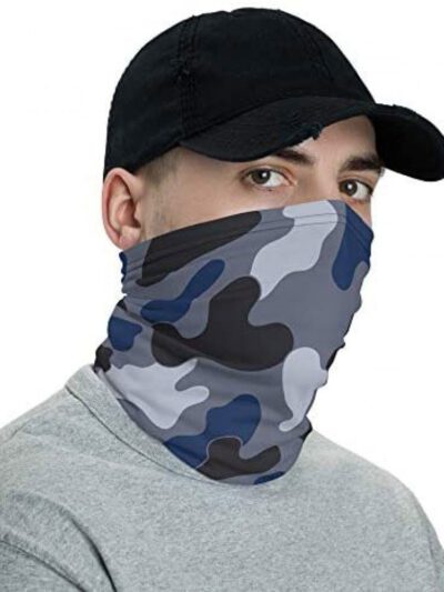 Camo neck gaiter face mask, jungle blue and black tones. Soft, breathable fabric with reinforced stitching. Versatile headwea