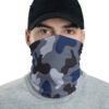 Camo neck gaiter face mask, jungle blue and black tones. Soft, breathable fabric with reinforced stitching. Versatile headwea