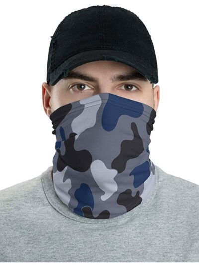 Camo neck gaiter face mask, jungle blue and black tones. Soft, breathable fabric with reinforced stitching. Versatile headwea