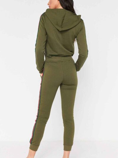 Khaki hoodie tracksuit with side stripe detail. Soft fleece texture, pullover style. Ribbed cuffs and hem. Quality stitching