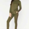 Khaki hoodie tracksuit with side stripe detail. Soft fleece texture, pullover style. Ribbed cuffs and hem. Quality stitching