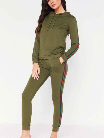 Khaki hoodie tracksuit with side stripe detail. Soft fleece texture, pullover style. Ribbed cuffs and hem. Quality stitching