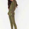 Khaki hoodie tracksuit with side stripe detail. Soft fleece texture, pullover style. Ribbed cuffs and hem. Quality stitching