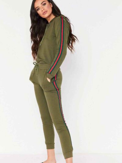 Khaki hoodie tracksuit with side stripe detail. Soft fleece texture, pullover style. Ribbed cuffs and hem. Quality stitching