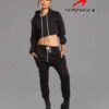 Black women's sweatsuit. Soft fleece knit, ribbed cuffs & waistband. Relaxed fit, drawstring hoodie, visible topstitching. Co