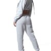 Cozy ladies' sweatsuit in heather gray. Close-up shows soft fleece texture, durable stitching. Cropped hoodie, relaxed fit jo