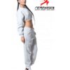 Cozy ladies' sweatsuit in heather gray. Close-up shows soft fleece texture, durable stitching. Cropped hoodie, relaxed fit jo
