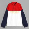 Color block polo shirt with long sleeves. Notice soft cotton-poly blend texture and clean, sturdy stitching. Athletic wear. -