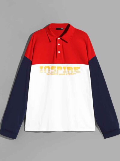 Color block polo shirt with long sleeves. Notice soft cotton-poly blend texture and clean, sturdy stitching. Athletic wear. -