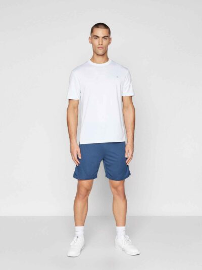 Men's gym set: breathable athletic shorts and fitted tee. Notice fine stitching, soft-touch fabric, and subtle color gradient