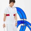 Men's sports polo shirt featuring colorful blocks design and custom embroidered logo. Fabric has a soft, breathable texture w