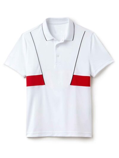 Men's sports polo shirt featuring colorful blocks design and custom embroidered logo. Fabric has a soft, breathable texture w