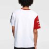 Men's crewneck tee showing custom design area. Soft cotton texture, reinforced stitching. Solid color backdrop highlights per