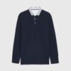 Men's polo shirt, classic fit, light blue pique knit fabric. Notice the neat collar stitching and short sleeves. Soft texture