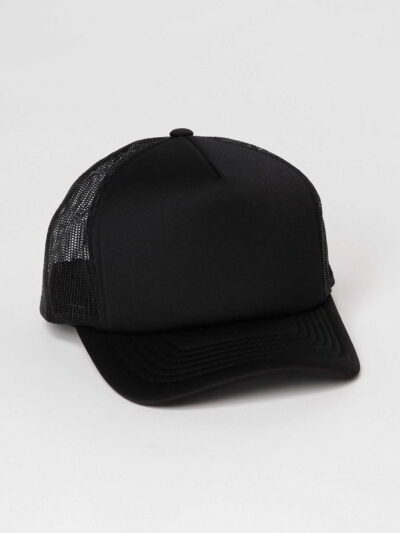 Trucker hat with breathable mesh back. Structured front panel, curved brim, and contrasting stitch detail. Perfect for custom